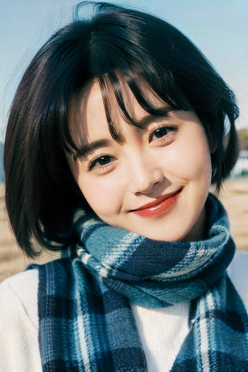 18484-4230589188-1girl, solo,upper body,blue sky,smile,scarf, shirt, looking at viewer, _lora_None-复古失真胶片-纯净版_v1.0_1_.png